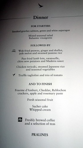 Cathay Pacific Business Class Menu