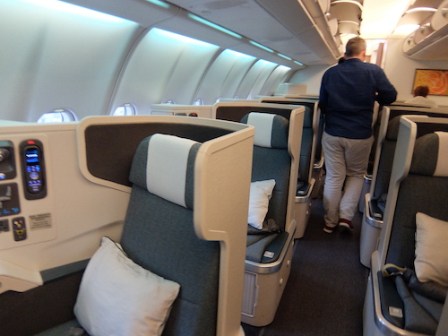 Cathay Pacific business class cabin.