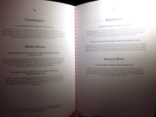 Cathay's business class wine list includes wines from Australia and France.