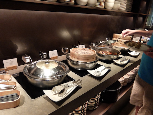 Self serve hot food at The Noodle Bar in The Pier Lounge, Hong Kong Airport