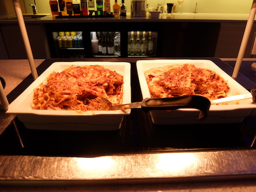 Vegetable lasagne available in the Finnair business class lounge.