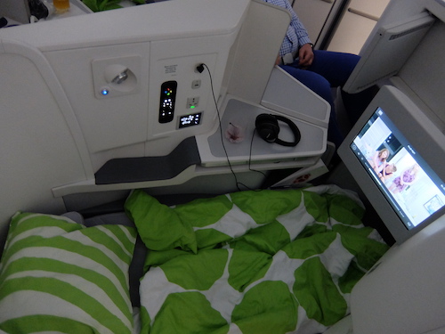 The Finnair business class seat converts to a 2m long fully flat bed.