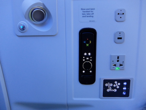 Finnair business class seat controls.