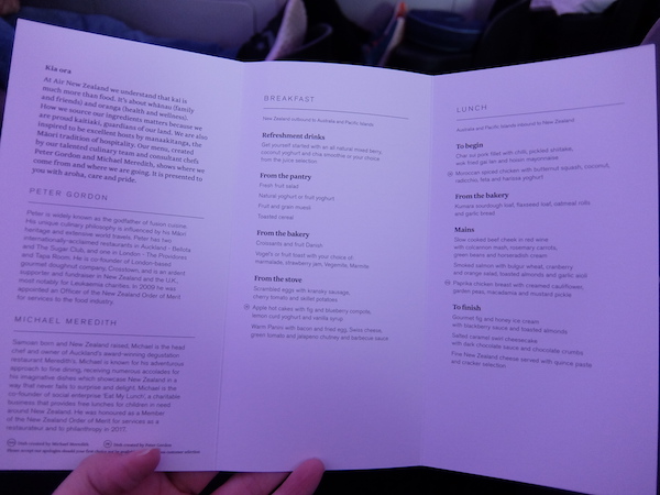 Air New Zealand Business Class inflight dining - breakfast menu.