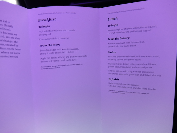 Air New Zealand Premium Economy Lunch Menu