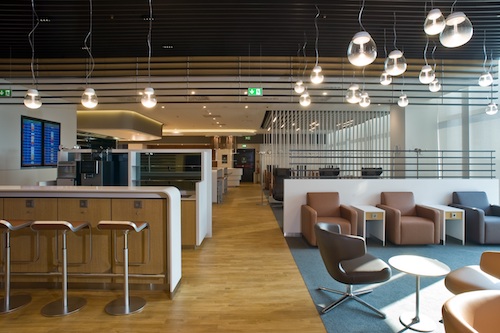 Inside the Lufthansa Milan Lounge featuring local touches.