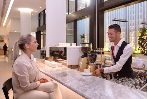 Full service bar stocked with premium wines and also offering barista made coffee.