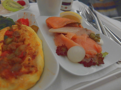 Lufthansa business class inflight dining - Breakfast with Smoked Salmon.