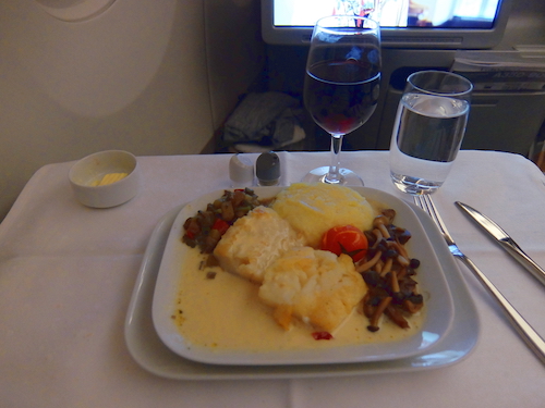 Lufthansa business class inflight dining - Cod with Ratatouille