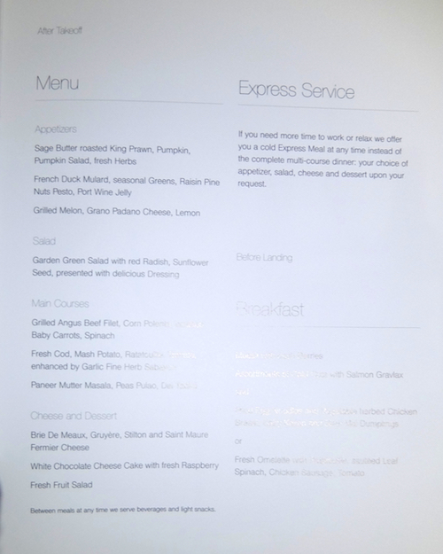 Lufthansa business class menu