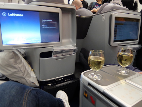 A welcome glass of Piper Heidsieck onboard Lufthansa business class/