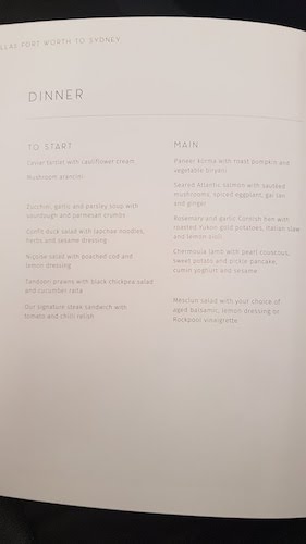 Qantas first class dinner menu.