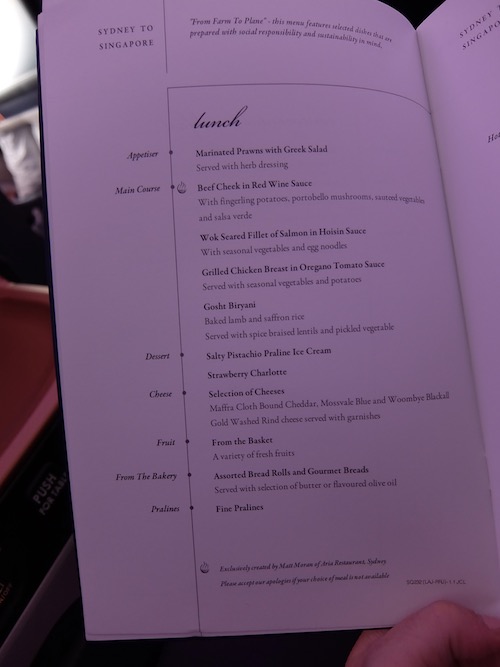 Singapore Airlines A380 business class menu.