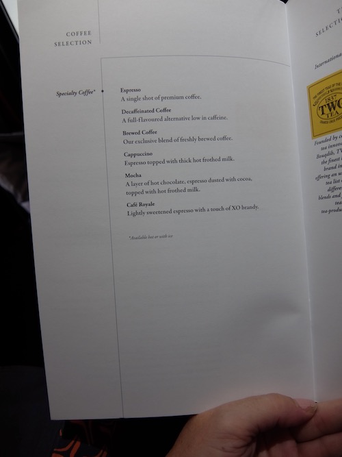 Singapore Airlines A380 business class menu.