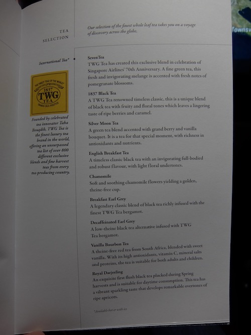 Singapore Airlines A380 business class menu.