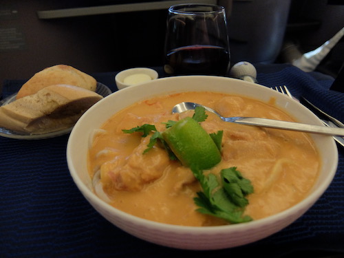 United Airline Business Class inflight meals: Spicy Chicken in Thai coconut broth