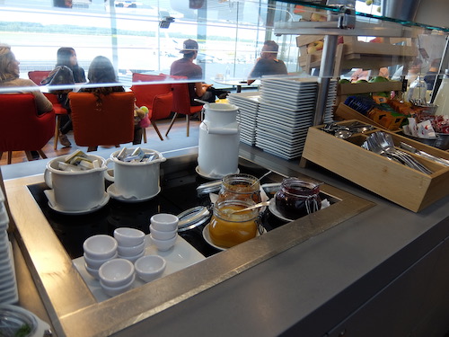 Breakfast food served in the Austrian Airlines lounge buffet.