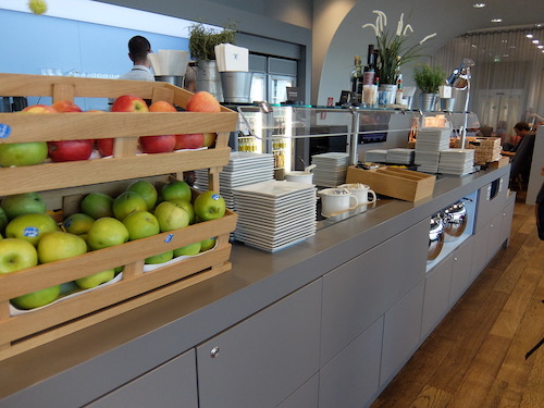 Breakfast food served in the Austrian Airlines lounge buffet.