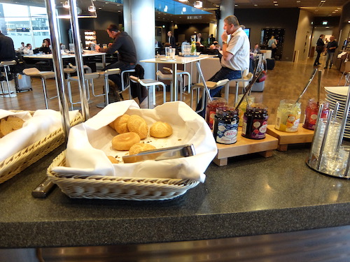 Bread and jam in the Lufthansa lounge buffet.