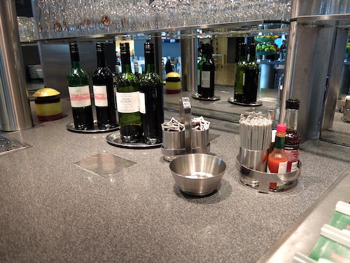 Wine and supplies for Bloody Mary's in the Lufthansa lounge.