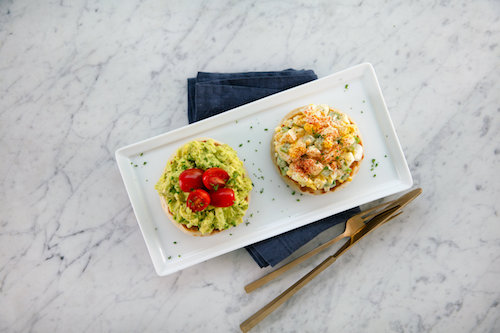 English Muffin Duo, served in the United Airlines Polaris Lounge Houston.