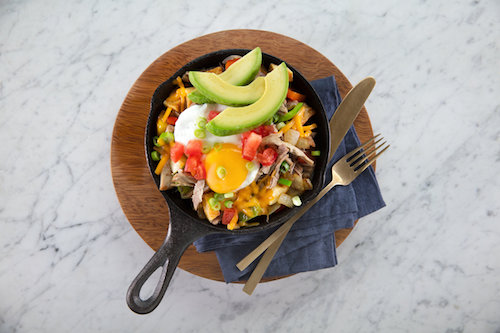 Texan Breakfast Skillet, served in the United Airlines Polaris Lounge Houston.