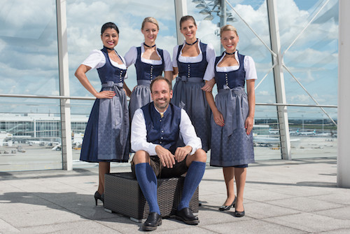 Lufthansa flight attendants wearing specialty Bavarian Costumes