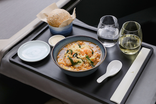 Cathay Pacific Business class Hong Kong Flavours - Wok fried lobster in broth with crispy and steamed rice, spring onion and ginger