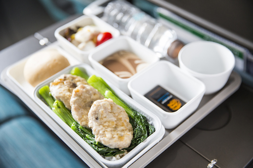 Cathay Pacific Economy Hong Kong Flavours Menu - Traditional steamed pork and water chestnut patties on jasmine rice