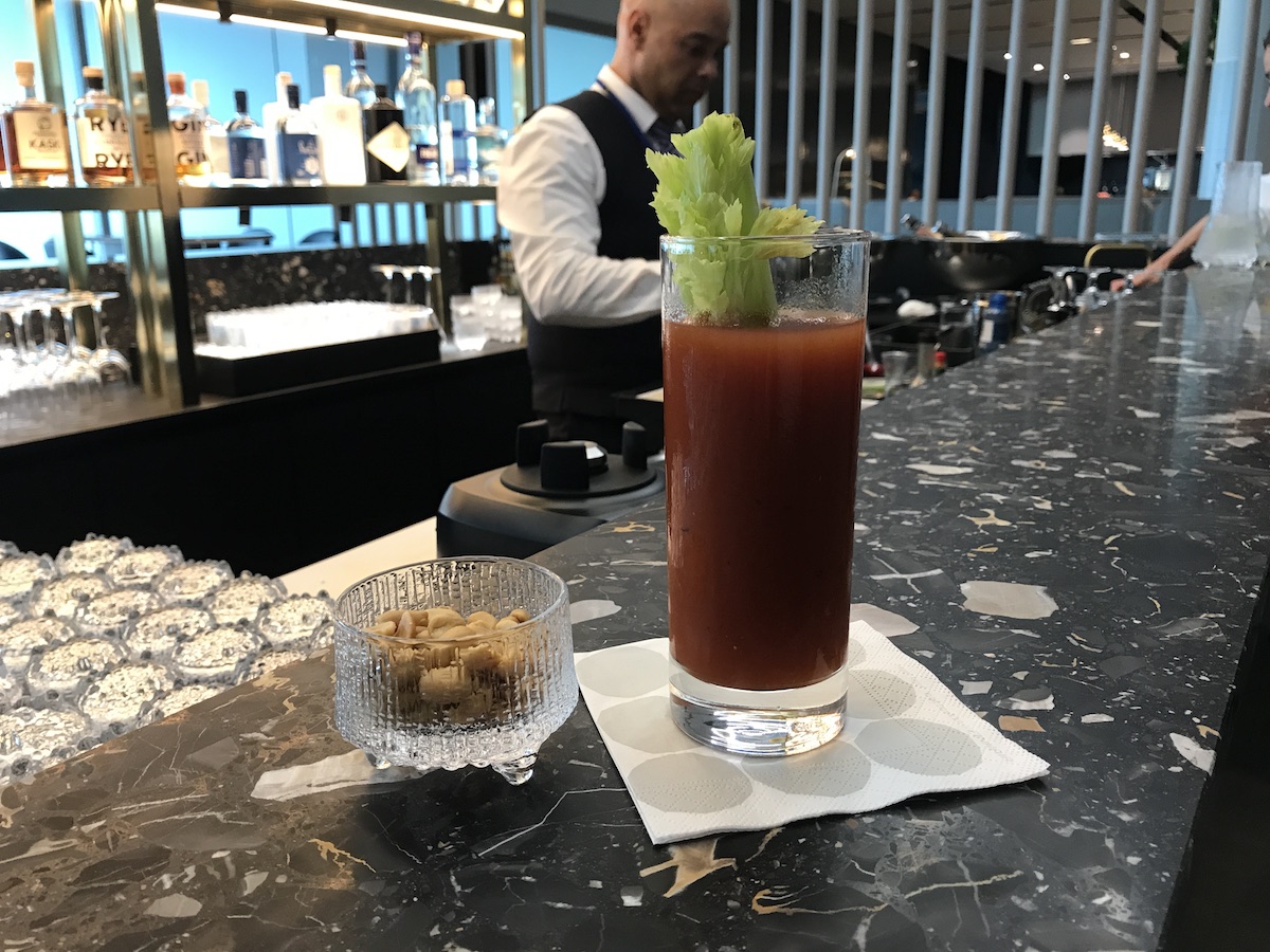 Finnair's Bloody Mary and snacks.