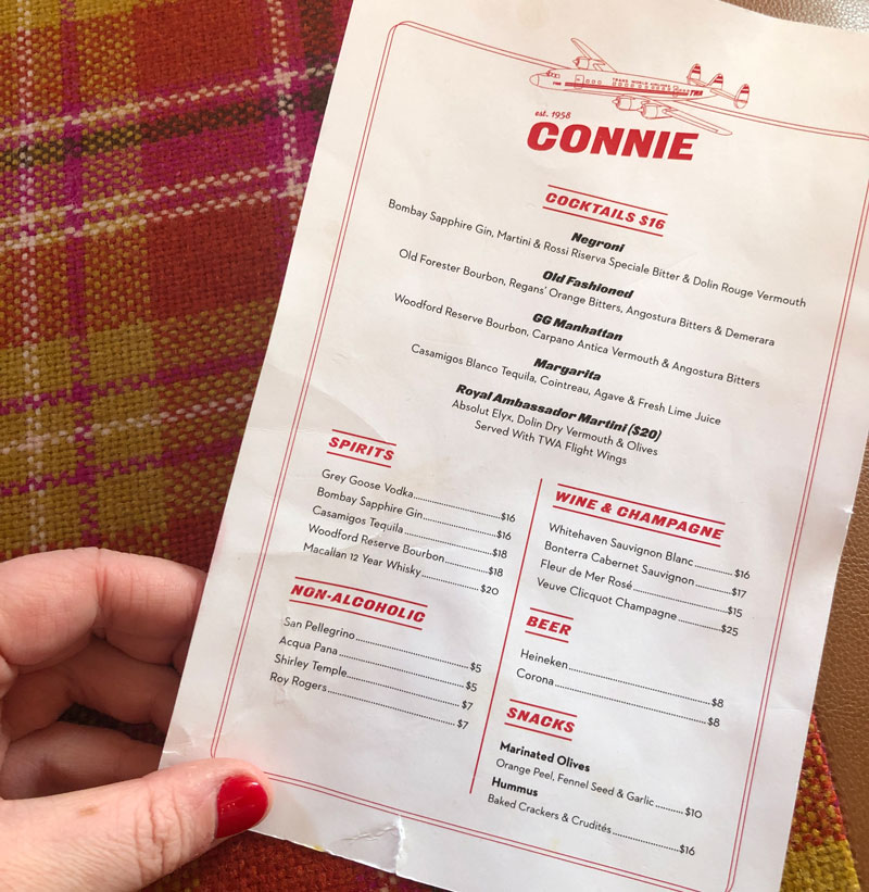 The Connie Cocktail Lounge Menu