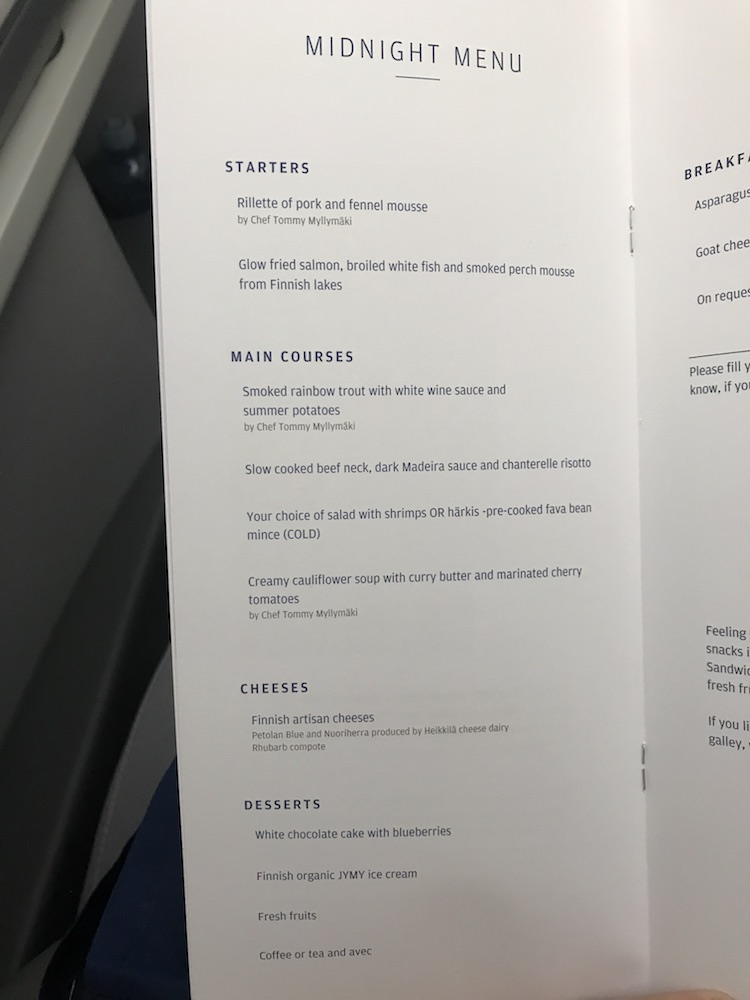 Finnair's business class midnight menu (for late night departures)
