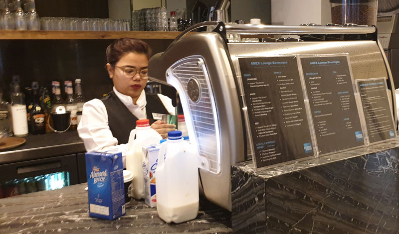 Barista made coffee is available inside the AMEX Lounge