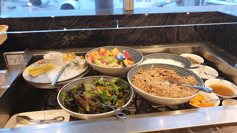 Fresh fruit, breakfast cereal, salad and cheese options