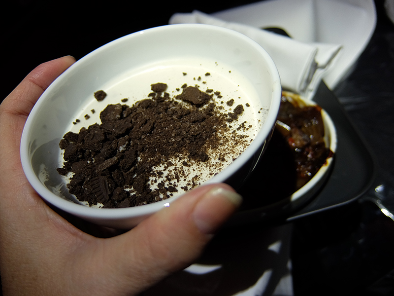 Cookies and cream mousse with Oreo crumble, dessert onboard Qantas Dreamliner Premium Economy