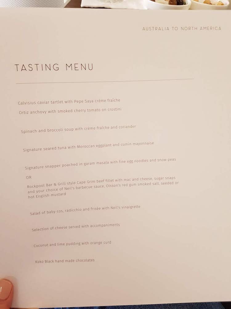 Qantas First Class tasting Menu