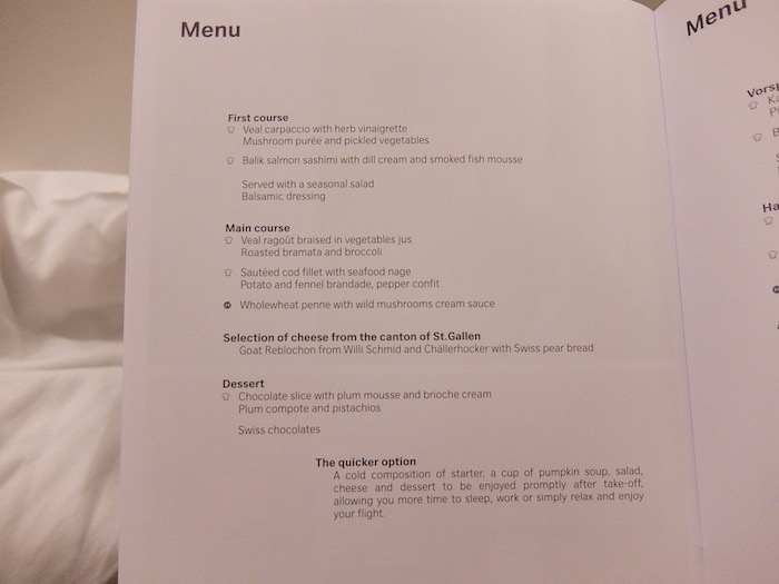 SWISS Business Class Menu