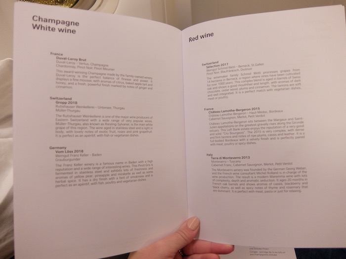 SWISS Business Class Menu