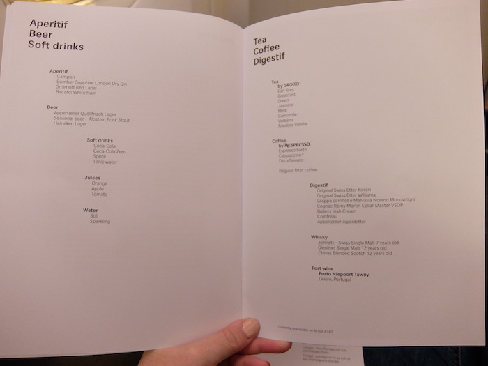 SWISS Business Class Menu