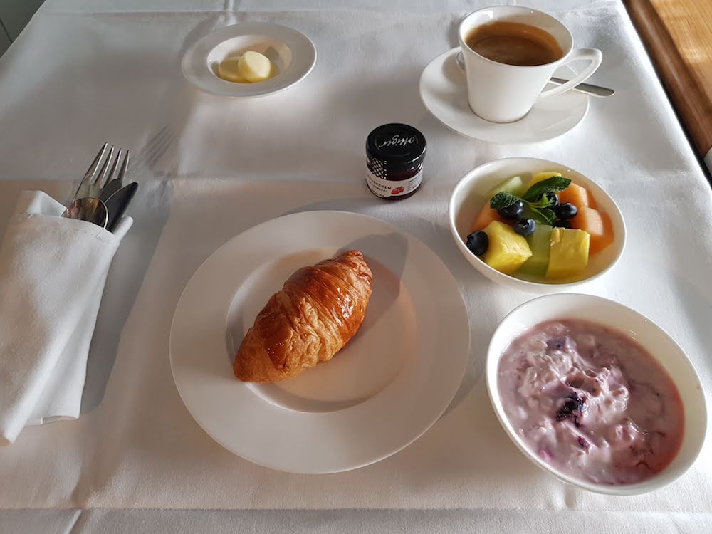 SWISS First Class Inflight Dining - Breakfast: Pastries, muesli and fresh fruit
