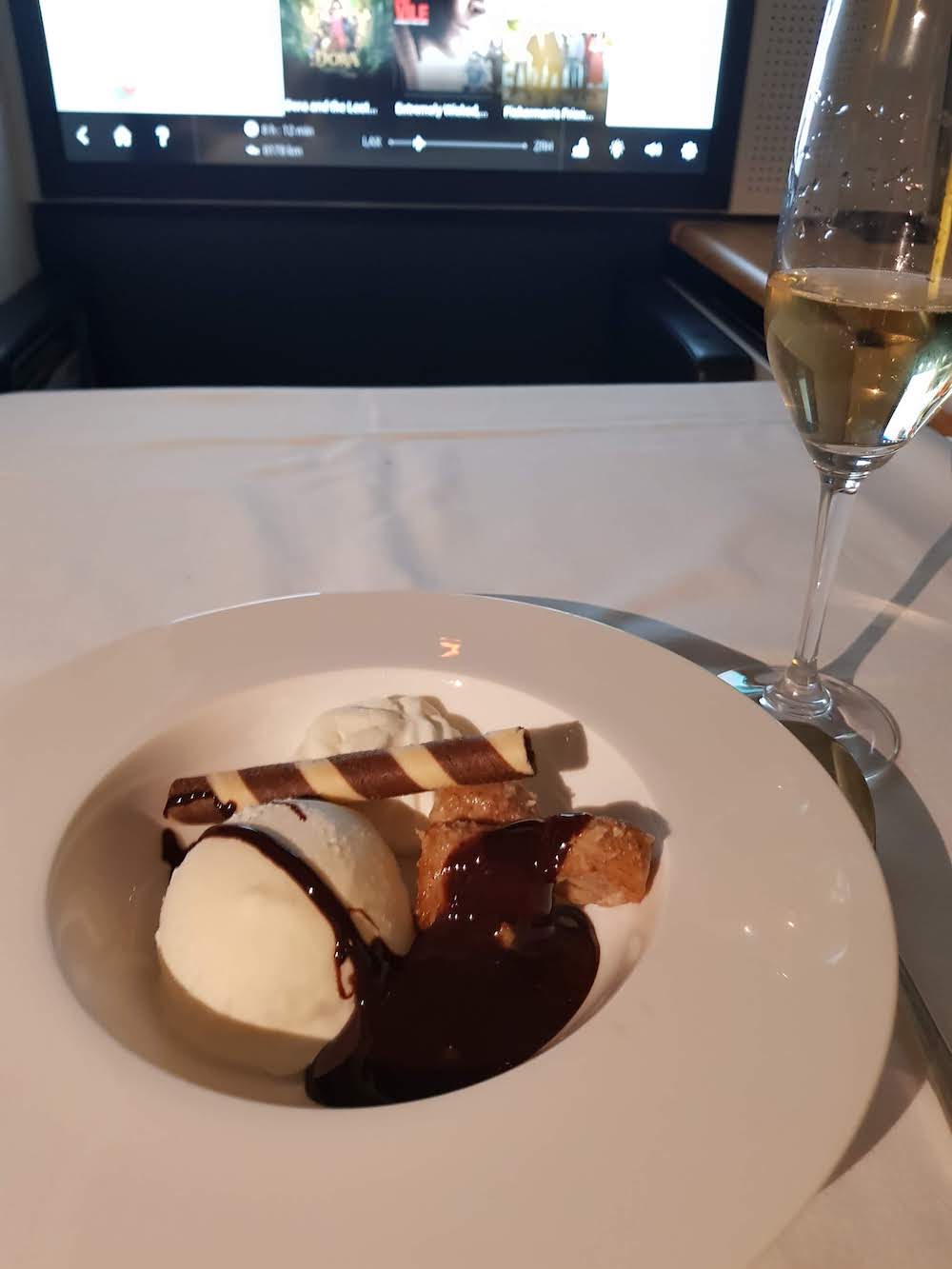 SWISS First Class Inflight Dining - Dessert: Vanilla ice cream with caramelised bananas