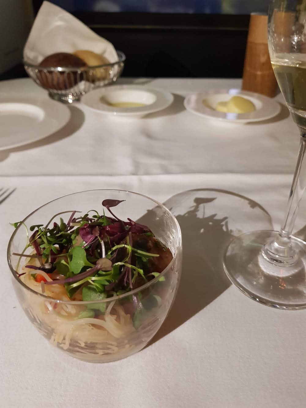 SWISS First Class Inflight Dining - First Course: Marinated scallops with rice noodle salad