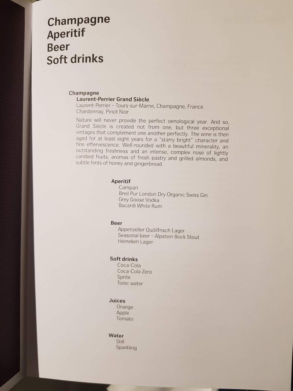 SWISS First Class Drinks Menu