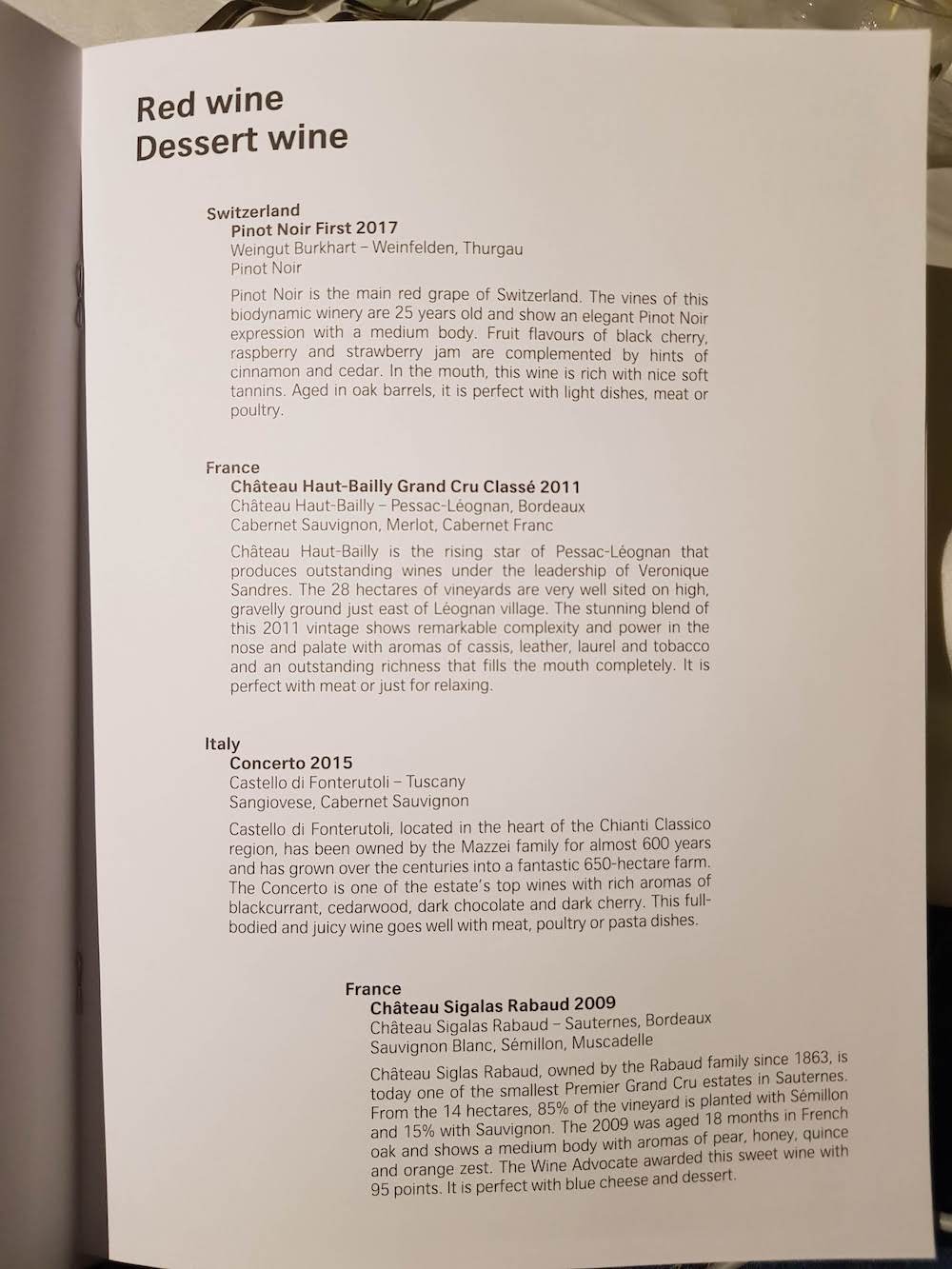 SWISS First Class Drinks Menu