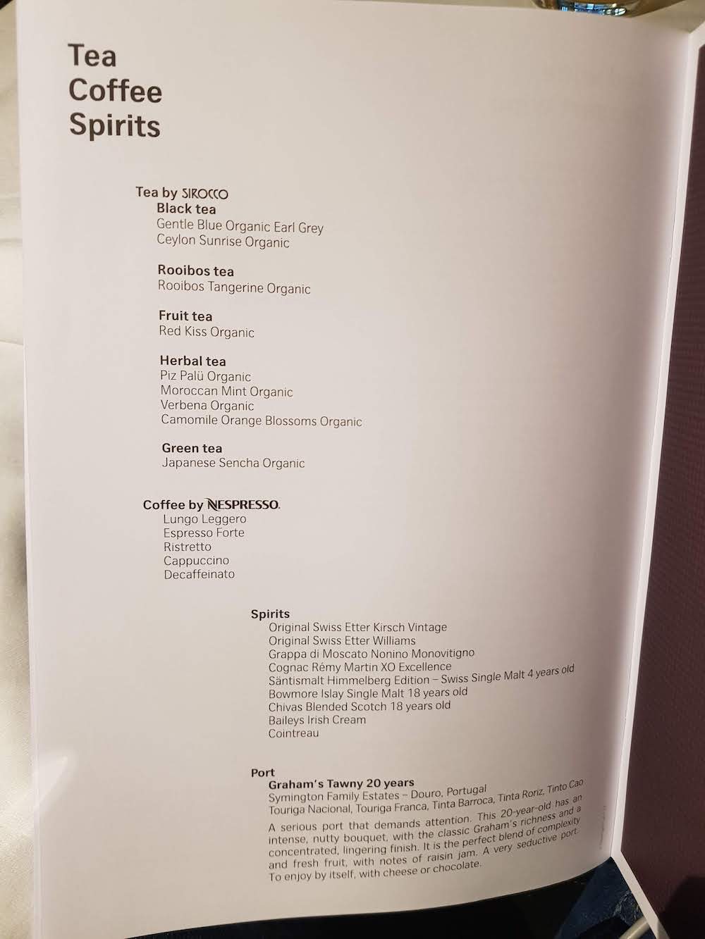 SWISS First Class Drinks Menu