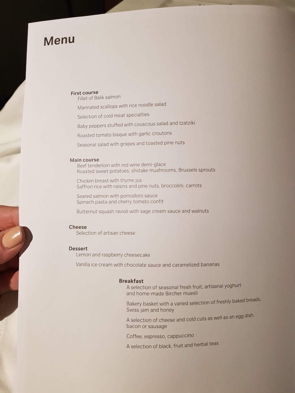 SWISS First Class Food Menu