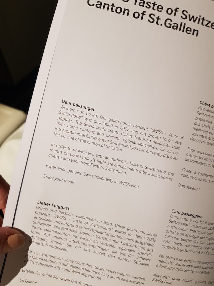 SWISS First Class Taste OF Switzerland Menu