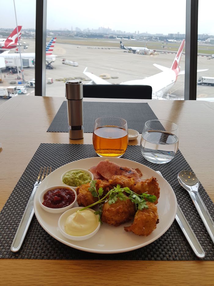 Qantas First Lounge breakfast - Corn Fritters
