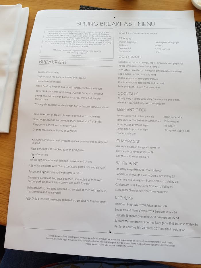 Qantas First Class Lounge Breakfast Menu