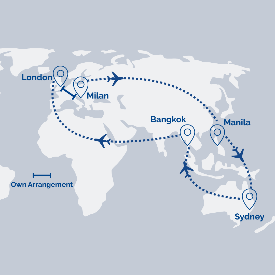 Multi-Stop Airfare: Sydney → Bangkok → Muscat [Transit] → London // Milan → Muscat [Transit] → Manila → Sydney